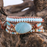 Leather Wrap Bracelet Amazonite Beaded 5X Layers