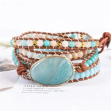 Leather Wrap Bracelet Amazonite Beaded 5X Layers