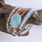 Leather Wrap Bracelet Amazonite Beaded 5X Layers