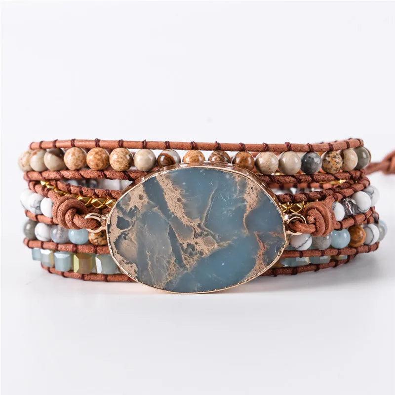 Natural Stone Leather Bracelet Mix Stones 5 Layers Wrap Bracelet