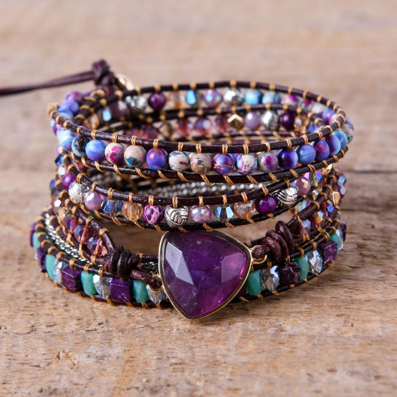 Boho Amethysts 5X Layered Wrap Bracelets Vegan Jewelry