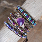 Boho Amethysts 5X Layered Wrap Bracelets Vegan Jewelry