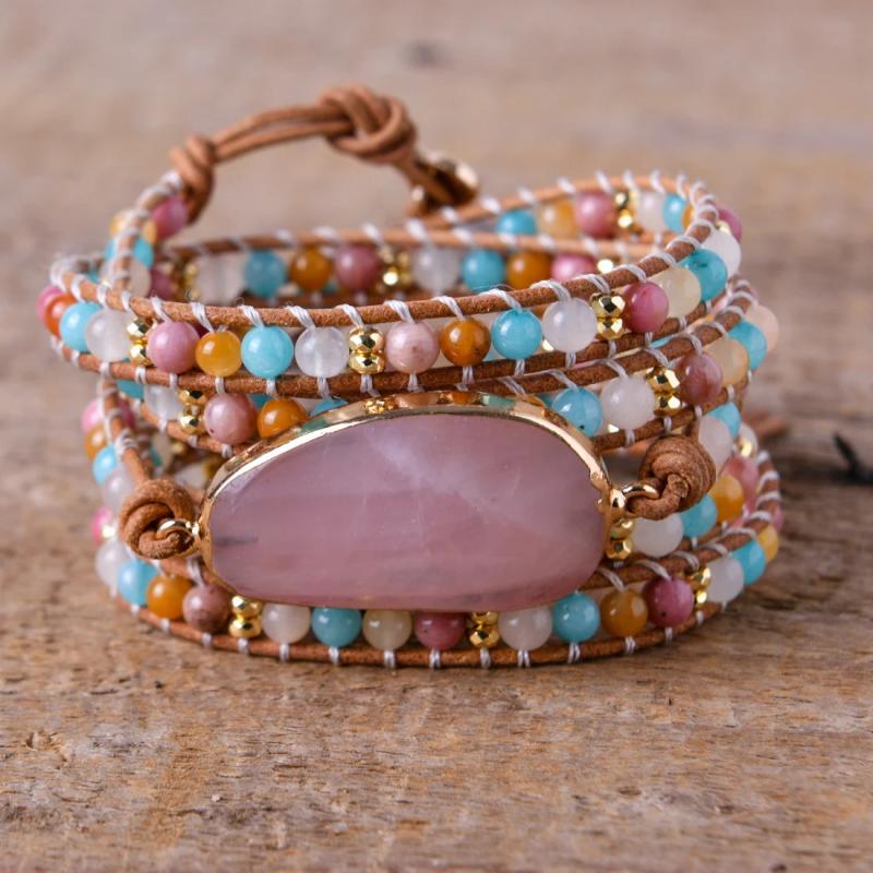 Rose Quartz Stone Bracelet 5X Leather Wrap Punk Bracelet