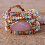 Rose Quartz Stone Bracelet 5X Leather Wrap Punk Bracelet