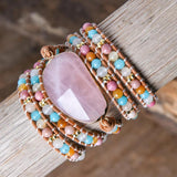 Rose Quartz Stone Bracelet 5X Leather Wrap Punk Bracelet
