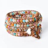 Rose Quartz Stone Bracelet 5X Leather Wrap Punk Bracelet
