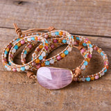 Rose Quartz Stone Bracelet 5X Leather Wrap Punk Bracelet