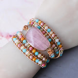Rose Quartz Stone Bracelet 5X Leather Wrap Punk Bracelet