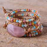 Rose Quartz Stone Bracelet 5X Leather Wrap Punk Bracelet