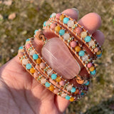 Rose Quartz Stone Bracelet 5X Leather Wrap Punk Bracelet