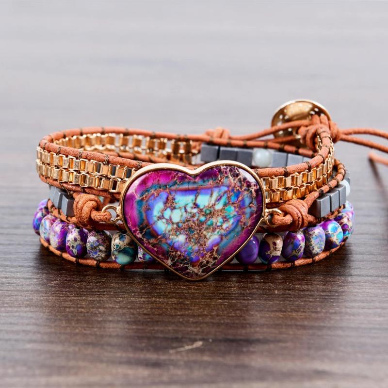 Leather Wrap Bracelet w/ Mix Stone 3 Strands Women Jewelry