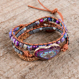 Leather Wrap Bracelet w/ Mix Stone 3 Strands Women Jewelry