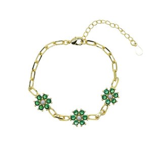 Colorful Spring Jewelry Red Green CZ Pearl Beads Flower Charm Chain Bracelet