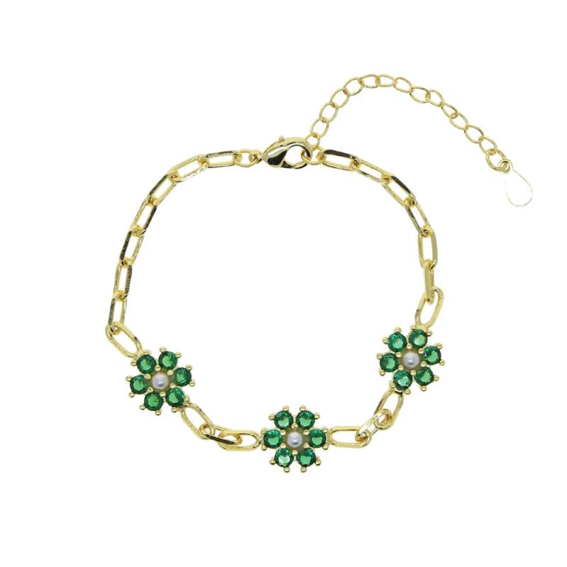 Colorful Spring Jewelry Red Green CZ Pearl Beads Flower Charm Chain Bracelet