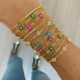 Colorful Spring Jewelry Red Green CZ Pearl Beads Flower Charm Chain Bracelet