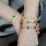 Colorful Spring Jewelry Red Green CZ Pearl Beads Flower Charm Chain Bracelet