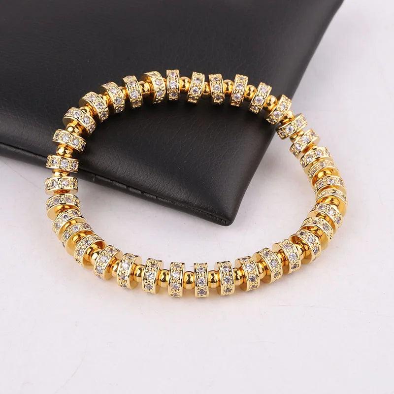 18K Stainless Steel CZ Pave Charm Beads Bracelet Bangle