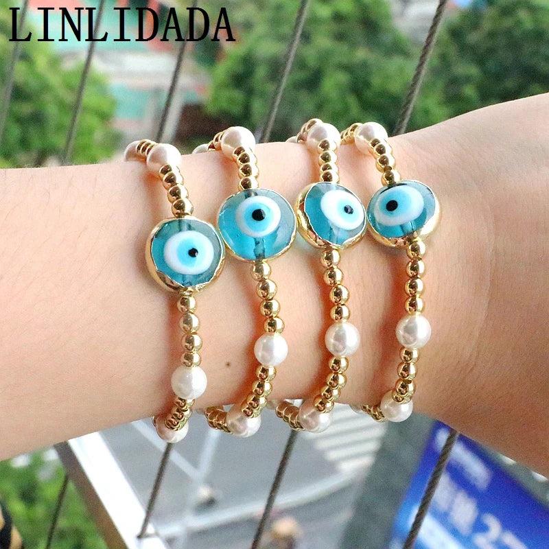 5Pcs Lampwork Eye Charms Elastic Bead Bracelet Chain Lucky Jewelry