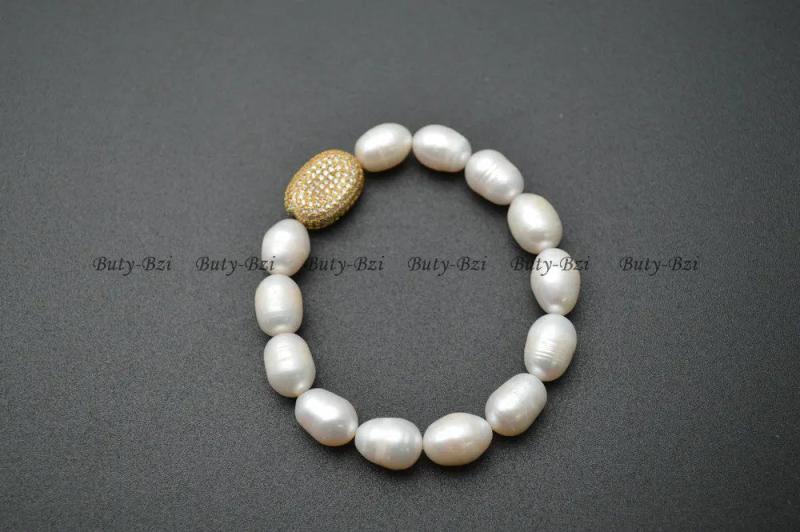 CZ Metal Oval Nugget Charm Freshwater Pearl Bead Bracelet