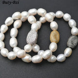CZ Metal Oval Nugget Charm Freshwater Pearl Bead Bracelet