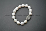 CZ Metal Oval Nugget Charm Freshwater Pearl Bead Bracelet