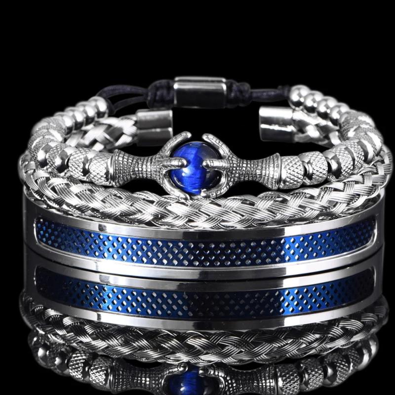 3Pcs/Set Men Bracelet Stainless Steel Rope Bangles with Natural Stone