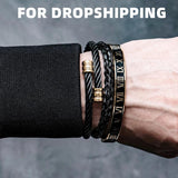 3Pcs/Set Men Bracelet Stainless Steel Rope Bangles with Natural Stone