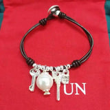 Yisheng Leather Bead Bracelet, Silver Clasp, Fashionable