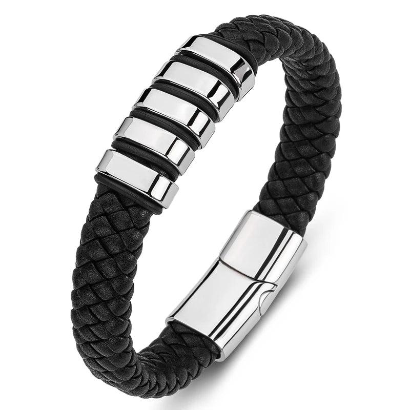 Braided Leather Men Bracelet Stainless Steel Punk Male Wristband