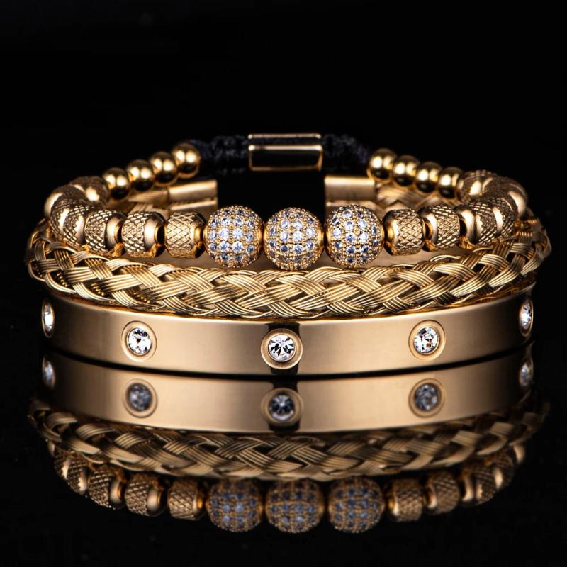 Micro Pave CZ Beads Charm Men Bracelets Stainless Steel Crystals Bangles