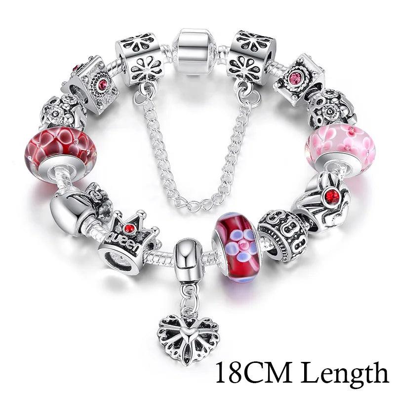 Silver Plated Queen Charms Bracelet with Crown Beads for Women