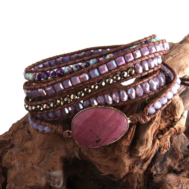 Boho Leather Armband Green Mixed Stones Charm Bracelet