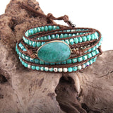 Boho Leather Armband Green Mixed Stones Charm Bracelet