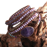 Boho Leather Armband Green Mixed Stones Charm Bracelet