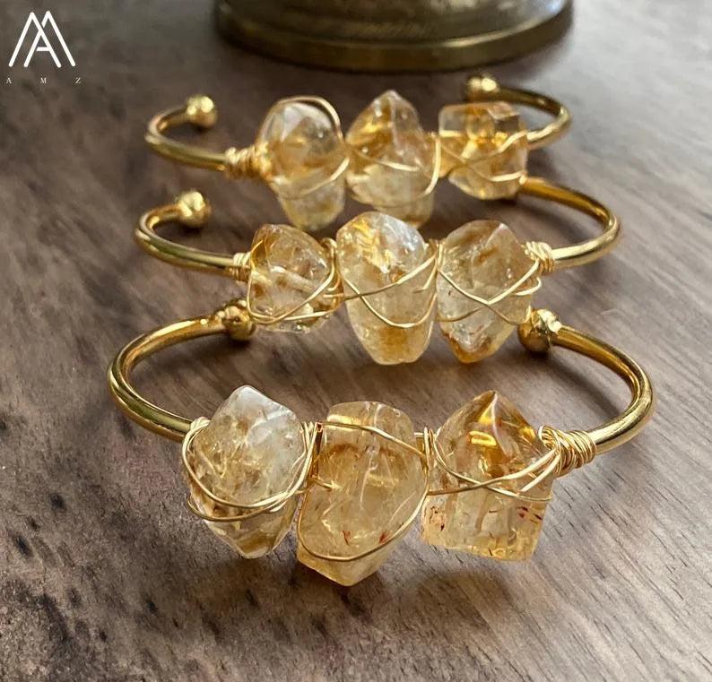 Natural Citrine Quartz Bangle Bracelet Raw Crystal Stone Beads Cuff Jewelry