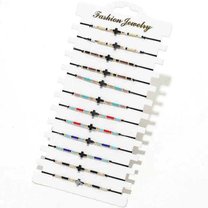 12pcs Hematite Cross Charm Bracelets Set Women