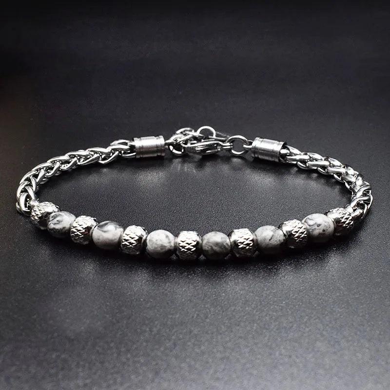 6MM Tiger Eye Stone Men's Beaded Bracelet Stainless Steel Chain
