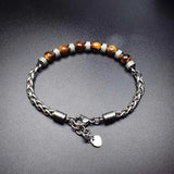 6MM Tiger Eye Stone Men's Beaded Bracelet Stainless Steel Chain