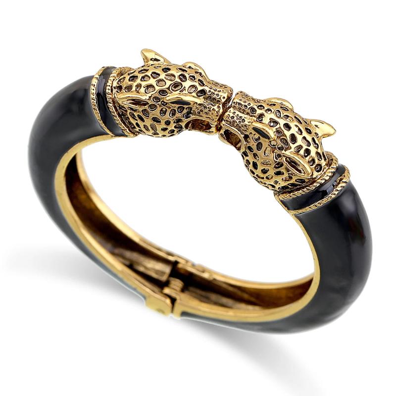 Antique Plated Enamel Leopard Head Vintage Bracelet Bangle 
