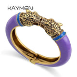 Antique Plated Enamel Leopard Head Vintage Bracelet Bangle 