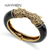 Antique Plated Enamel Leopard Head Vintage Bracelet Bangle 