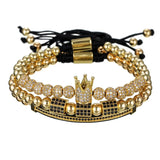 3pcs Hip Hop Bracelet Set CZ Moon Crown Charms Macrame Beads Bracelets