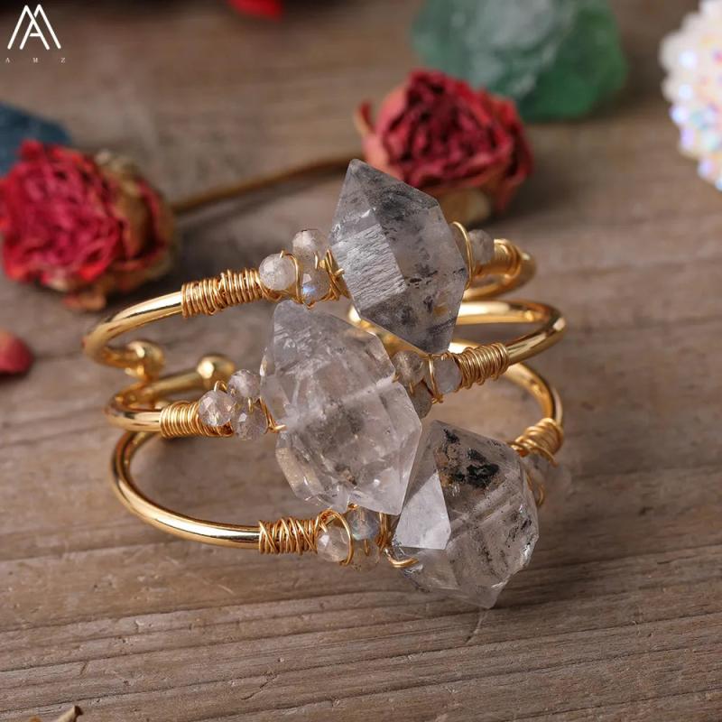 Copper Wire Herkimer Diamonds Quartz Point Labradorite Bangle Bracelets