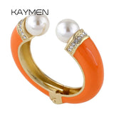 KAYMEN Women Double Pearls & Rhinestones Enamels Bracelet