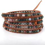 Brown Leather Bracelet 5 Strands 4mm Natural Stones Wrap Bracelets