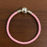 Women's S925 Silver Leather Bracelet Red Pink Charm Fit