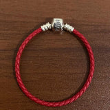 Women's S925 Silver Leather Bracelet Red Pink Charm Fit