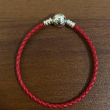 Women's S925 Silver Leather Bracelet Red Pink Charm Fit
