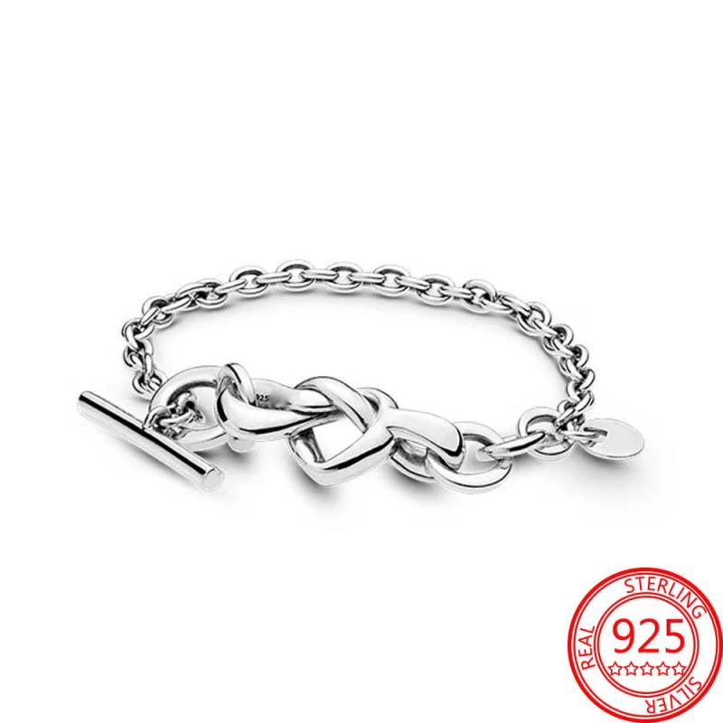 925 Silver Knotted Heart T-Bar Bracelet for European Bracelet