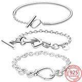 925 Silver Knotted Heart T-Bar Bracelet for European Bracelet